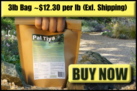 A 3lb bag of Pal Tiya Premium material with a price tag, set against a backdrop featuring garden elements.