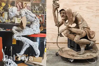 A side-by-side comparison of a sculpted figure in two stages: on the left, a white, textured, Baba Yaga figure is shown in a workshop with posters in the background; on the right, the same figure is fully painted in brown tones, seated on a wheeled display base. Made with Pal Tiya Premium