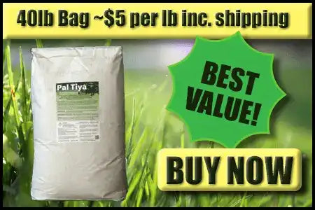 A white bag of Pal Tiya Premium Grade Fortified Cement Clay - stands against a blurred green grass background, with promotional text reading '40lb Bag ~$5 per lb inc. shipping,' a green 'BEST VALUE!' badge, and a yellow 'BUY NOW' button.