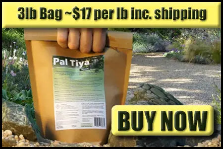 A person holds a brown pouch labeled 'Pal Tiya' outdoors on a rocky path. The image has a yellow banner at the top reading '3lb Bag ~$17 per lb inc.